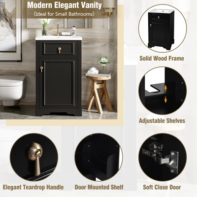 20" Bathroom Vanity With Ceramic Sink, Bathroom Cabinet With Door-Mounted Storage Rack, Adjustable Shelf And Soft Closing Door, White/Black-ModernLuxe 4 20" Bathroom Vanity With Ceramic Sink, Bathroom Cabinet With Door-Mounted Storage Rack, Adjustable Shelf And Soft Closing Door, White/Black-ModernLuxe - Image 2