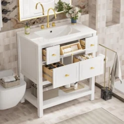 30" Modern Bathroom Vanity With Ceramic Sink, 5 Drawers & Solid Wood Frame, Freestanding Storage Cabinet With Gold Knobs - ModernLuxe