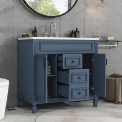 36" Bathroom Vanity With Top Sink, 2 Soft Close Doors And 2 Drawers, Royal Blue - ModernLuxe