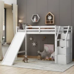 ModernLuxe Twin Loft Bed with Storage Stairs and Integrated Slide