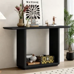 Entryway Console Table With Curved Corners, Accent Sofa Table - Acacia Wood Veneer U-Base Design - ModernLuxe