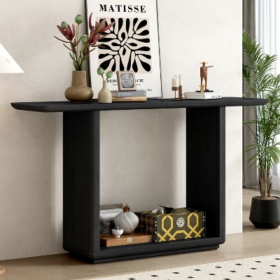 Entryway Console Table With Curved Corners, Accent Sofa Table - Acacia Wood Veneer U-Base Design - ModernLuxe 3 Entryway Console Table With Curved Corners, Accent Sofa Table - Acacia Wood Veneer U-Base Design - ModernLuxe