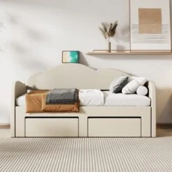 Twin To King Size Upholstered Daybed, Adjustable Platform Bed With Cloud-Shaped Backrest, USB Ports And 2 Drawers-ModernLuxe