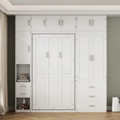 Full/Twin Size Murphy Bed Wall Bed Frame, Wood Storage Cabinet Bed With Lockers, Drawers And Wardrobes, White -ModernLuxe