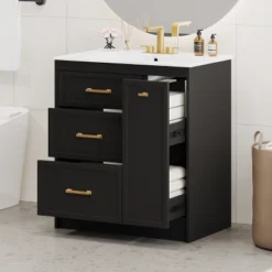 30"W Bathroom Vanity With Sink, Freestanding Storage Cabinet With 3 Drawers And Long Gold Handles, Solid Wood Frame - ModernLuxe