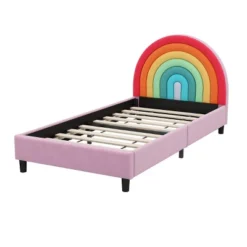 Twin Size Upholstered Platform Bed With Rainbow Design Headboard, Cute Style Princess Bed For Boys & Girls, Teens, Colorful & Pink-ModernLuxe 12 Twin Size Upholstered Platform Bed With Rainbow Design Headboard, Cute Style Princess Bed For Boys & Girls, Teens, Colorful & Pink-ModernLuxe -Luxe Furniture Sale GUEST 339fc2f6 06e0 44c2 ae04 833e1ca1159c