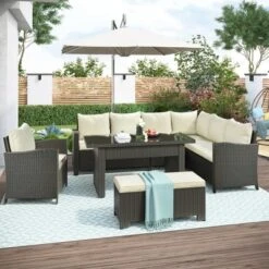 ModernLuxe 6-Piece Patio Rattan Sectional Sofa Set with Dining Table and Cushions