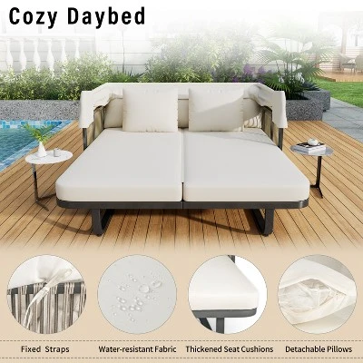 57"W Outdoor Daybed Sunbed, Patio Rattan Chaise Lounge With Canopy, Detachable Pillows For Patio, Backyard, Pool -ModernLuxe 7 57"W Outdoor Daybed Sunbed, Patio Rattan Chaise Lounge With Canopy, Detachable Pillows For Patio, Backyard, Pool -ModernLuxe - Image 5