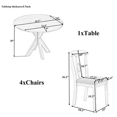 5-Piece Rustic Wooden Round Dining Table Set With Drop Leaf And 4 Upholstered Dining Chairs, Gray - ModernLuxe 5 5-Piece Rustic Wooden Round Dining Table Set With Drop Leaf And 4 Upholstered Dining Chairs, Gray - ModernLuxe - Image 3