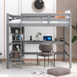 ModernLuxe Full Size Loft Bed with Integrated Desk and Multifunctional Shelves