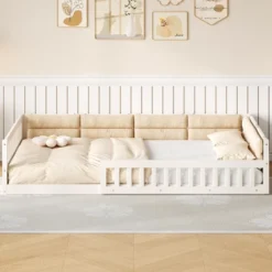 Full Size Upholstered Platform Bed Frame, Toddler Beds With Guardrail And Pillow 4W, Beige/Gray -ModernLuxe