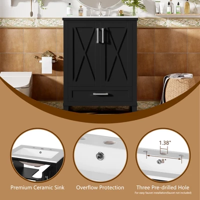 24"/30"W Bathroom Vanity With Ceramic Basin, Bathroom Storage Cabinet With Divided Drawer, Door Shelves & Soft Close Door - ModernLuxe 6 24"/30"W Bathroom Vanity With Ceramic Basin, Bathroom Storage Cabinet With Divided Drawer, Door Shelves & Soft Close Door - ModernLuxe - Image 4