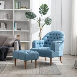 Mid Century Button-Tufted Upholstered Accent Chair Set With Linen Fabric And Ottoman-ModernLuxe -Luxe Furniture Sale GUEST 3db4b380 85cb 49ff 8ace 5ada3a3ee597