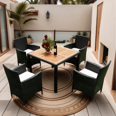 ModernLuxe 5-Piece Outdoor Patio Wicker Dining Set with Acacia Wood Table 5 ModernLuxe 5-Piece Outdoor Patio Wicker Dining Set with Acacia Wood Table - Image 3