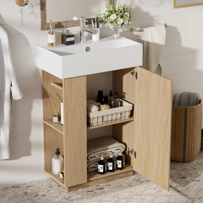 21.6'' Bathroom Vanity With Ceramic Sink, Freestanding Storage Cabinet, Soft-Closing Left/Right Door & Open Shelves, Natural - ModernLuxe 3 21.6'' Bathroom Vanity With Ceramic Sink, Freestanding Storage Cabinet, Soft-Closing Left/Right Door & Open Shelves, Natural - ModernLuxe