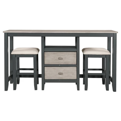 Rustic 3-Piece Counter Height Wood Dining Table Set With 2 Storage Drawers And 2 Stools-ModernLuxe 3 Rustic 3-Piece Counter Height Wood Dining Table Set With 2 Storage Drawers And 2 Stools-ModernLuxe