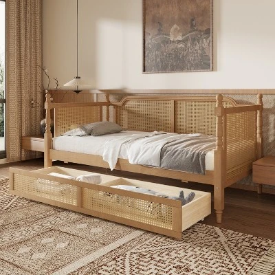 Full/Twin Size Daybed, Rattan Wood Bed Frame With Drawers/ Trundle Bed For Bedroom, Antique Walnut -ModernLuxe 4 Full/Twin Size Daybed, Rattan Wood Bed Frame With Drawers/ Trundle Bed For Bedroom, Antique Walnut -ModernLuxe - Image 2