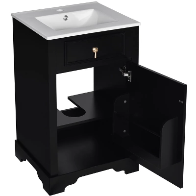 20" Bathroom Vanity With Ceramic Sink, Bathroom Cabinet With Door-Mounted Storage Rack, Adjustable Shelf And Soft Closing Door, White/Black-ModernLuxe 12 20" Bathroom Vanity With Ceramic Sink, Bathroom Cabinet With Door-Mounted Storage Rack, Adjustable Shelf And Soft Closing Door, White/Black-ModernLuxe - Image 10