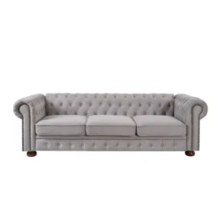 Chesterfield Linen Tufted Nailhead Upholstered Sofa With Wooden Legs - ModernLuxe -Luxe Furniture Sale GUEST 4277bd5a c437 42f5 97ca 6f957dd6006a
