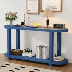 63"W Console Table Entryway Table Accent Table With Streamlined Desktop Design, Navy Blue/Black/Natural-ModernLuxe