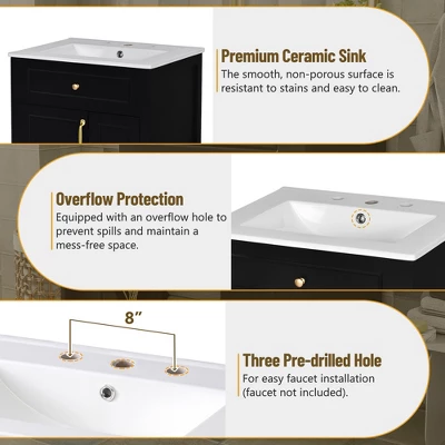 24"W Bathroom Vanity With Ceramic Sink, Bathroom Cabinet With Storage Racks, Drawers And Soft Closing Door, Black/Green-ModernLuxe 7 24"W Bathroom Vanity With Ceramic Sink, Bathroom Cabinet With Storage Racks, Drawers And Soft Closing Door, Black/Green-ModernLuxe - Image 5