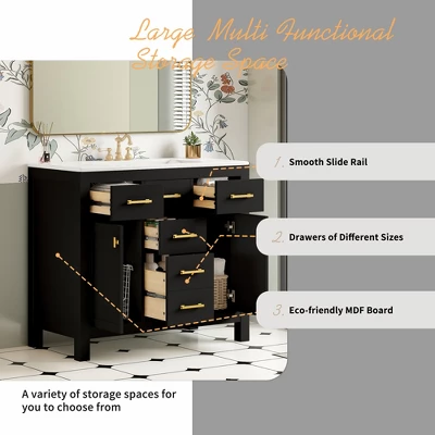 36" Modern Bathroom Vanity With Ceramic Sink, Freestanding Storage Cabinet With 4 Drawers & 2 Soft-Close Doors, Solid Wood Frame - ModernLuxe 6 36" Modern Bathroom Vanity With Ceramic Sink, Freestanding Storage Cabinet With 4 Drawers & 2 Soft-Close Doors, Solid Wood Frame - ModernLuxe - Image 4