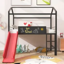 ModernLuxe Twin Size Metal House Loft Bed with Slide and Writable Board