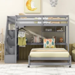 ModernLuxe Twin Over Full Bunk Bed with Storage Stairs, Desk and Integrated Hanger
