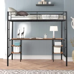 ModernLuxe Metal Twin Size Low Loft Bed with Integrated Desk and Storage Shelves