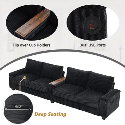 133" Corduroy Modern Sofa With USB Ports, Hidden Storage Arms & Cup Holders, 4-Seater Sofa Couch For Living Room - ModernLuxe 5 133" Corduroy Modern Sofa With USB Ports, Hidden Storage Arms & Cup Holders, 4-Seater Sofa Couch For Living Room - ModernLuxe - Image 3