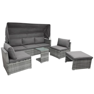 ModernLuxe 5-Piece Outdoor Rattan Daybed & Sectional Sofa Set with Retractable Canopy 6 ModernLuxe 5-Piece Outdoor Rattan Daybed & Sectional Sofa Set with Retractable Canopy - Image 4