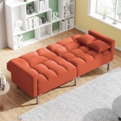 ModernLuxe Tufted Linen Convertible Futon Sofa Bed with Pillows