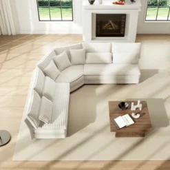 ModernLuxe 5-Seater L-Shaped Sectional Sofa With Curved Corner, Corduroy Sofa Couch With 7 Pillows (3 Throw + 4 Lumbar)