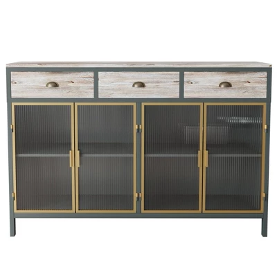 47.6" Modern Freestanding 4 Glass Door Sideboard With 3 Top Drawers, Natural - ModernLuxe 6 47.6" Modern Freestanding 4 Glass Door Sideboard With 3 Top Drawers, Natural - ModernLuxe - Image 4