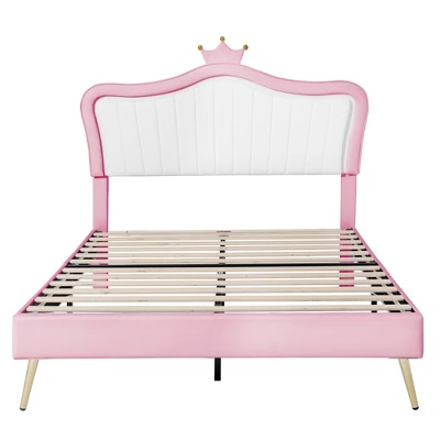 Queen/Full Size Upholstered Platform Bed Frame With LED Lights, Princess Bed With Crown Headboard-ModernLuxe 7 Queen/Full Size Upholstered Platform Bed Frame With LED Lights, Princess Bed With Crown Headboard-ModernLuxe - Image 5