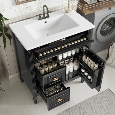 30" Bathroom Vanity With Ceramic Sink, Flip Drawer, 2 Storage Drawers & Adjustable Shelf, Compact Freestanding Vanity Cabinet - 3 30" Bathroom Vanity With Ceramic Sink, Flip Drawer, 2 Storage Drawers & Adjustable Shelf, Compact Freestanding Vanity Cabinet -