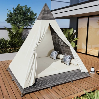 ModernLuxe 90.5" Outdoor Sunbed with Pyramid Tent Canopy and Privacy Curtains 14 ModernLuxe 90.5" Outdoor Sunbed with Pyramid Tent Canopy and Privacy Curtains - Image 12