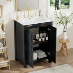 24"/36"W Compact Vintage Style Bathroom Vanity Cabinet And Ceramic Sink Combo With Open Shelf 4B - ModernLuxe