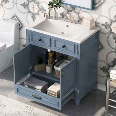 30''W Bathroom Vanity With Resin Sink, Retro Style Solid Wood Frame Bathroom Storage Cabinet With Soft Closing Doors And 1 Drawer - ModernLuxe 3 30''W Bathroom Vanity With Resin Sink, Retro Style Solid Wood Frame Bathroom Storage Cabinet With Soft Closing Doors And 1 Drawer - ModernLuxe