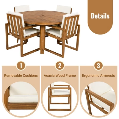 ModernLuxe 5-Piece Acacia Wood Outdoor Dining Set with 4 Armchairs & Round Table 4 ModernLuxe 5-Piece Acacia Wood Outdoor Dining Set with 4 Armchairs & Round Table - Image 3