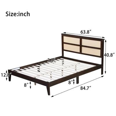 Queen/Full/King Size Rubber Wood Platform Bed With Rattan Headboard, Bed Frame With Support Legs - ModernLuxe 4 Queen/Full/King Size Rubber Wood Platform Bed With Rattan Headboard, Bed Frame With Support Legs - ModernLuxe - Image 2