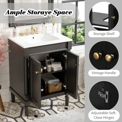 24" Bathroom Vanity With Ceramic Sink, 2-Tier Storage Cabinet, Retro Vanity With Soft-Close Doors And Large Shelves - ModernLuxe 5 24" Bathroom Vanity With Ceramic Sink, 2-Tier Storage Cabinet, Retro Vanity With Soft-Close Doors And Large Shelves - ModernLuxe - Image 3