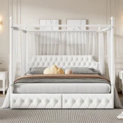King/Queen Size Metal Canopy Platform Bed Frame With Upholstered Headboard And Two Storage Drawers, White -ModernLuxe