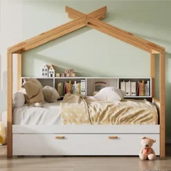 ModernLuxe Kids House Bed with Trundle, Drawers & Bookshelf