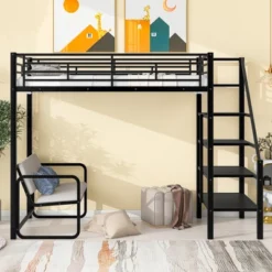 ModernLuxe Twin Size Metal Loft Bed with Integrated Bench and Storage Staircase