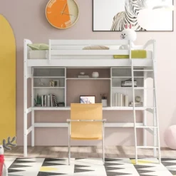 ModernLuxe Twin Loft Bed with Integrated Desk, Ladder, and Storage Shelves
