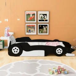 ModernLuxe Race Car-Shaped Platform Bed with Realistic Wheels