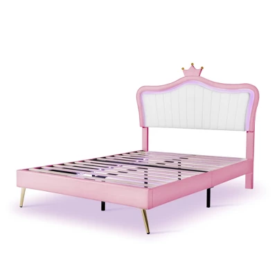 Queen/Full Size Upholstered Platform Bed Frame With LED Lights, Princess Bed With Crown Headboard-ModernLuxe 10 Queen/Full Size Upholstered Platform Bed Frame With LED Lights, Princess Bed With Crown Headboard-ModernLuxe - Image 8