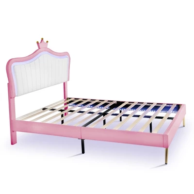 Queen/Full Size Upholstered Platform Bed Frame With LED Lights, Princess Bed With Crown Headboard-ModernLuxe 6 Queen/Full Size Upholstered Platform Bed Frame With LED Lights, Princess Bed With Crown Headboard-ModernLuxe - Image 4