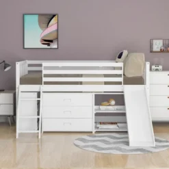 ModernLuxe Low Twin Loft Bed with Bookcase, 3 Drawers, Ladder, and Slide